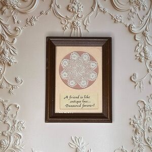 Vintage Framed Antique Lace Art with Quote and Inscription on Back